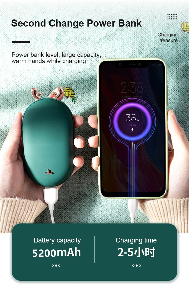 2 in 1 Pocket Hand Warmers Power Banks 10000mAh Battery Temperature Display & Adjustable Christmas Gift Portable Hand Warmers