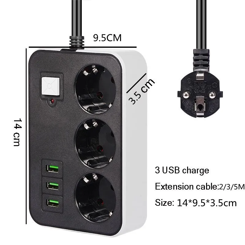 2 Round Power Strip USB Travel Adapter Socket Power Plug Eu 2M 3M 5M Extension Cable Kitchen Household Use Universal Charger