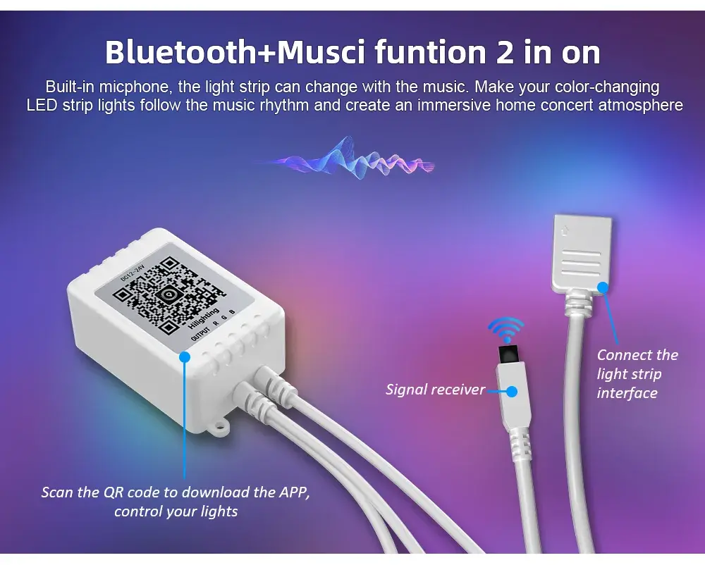 (EU Plug) LED Strip Light RGB 5050 Music Sync Color Changing  Sensitive Built-in Mic, App LED Lights DC12V Flexible