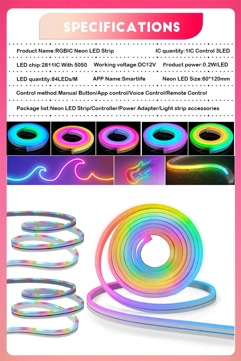 TUYA Neon LED Strip Lights 12-24V 84LEDs/M Silicone Neon Rope Light with Music Sync RGBIC Dreamcolor Chasing Strip Tape for Room