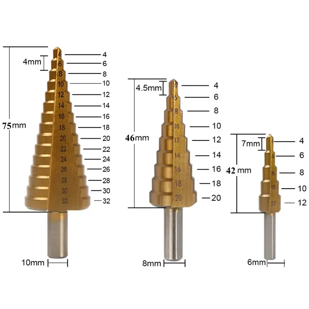 6Pcs Step Drill Bit Saw Drill Bit Set Titanium Milling Cutter 4-12 4-20 4-32mm 3 6 8mm For Woodworking Metal Core Hole Opener