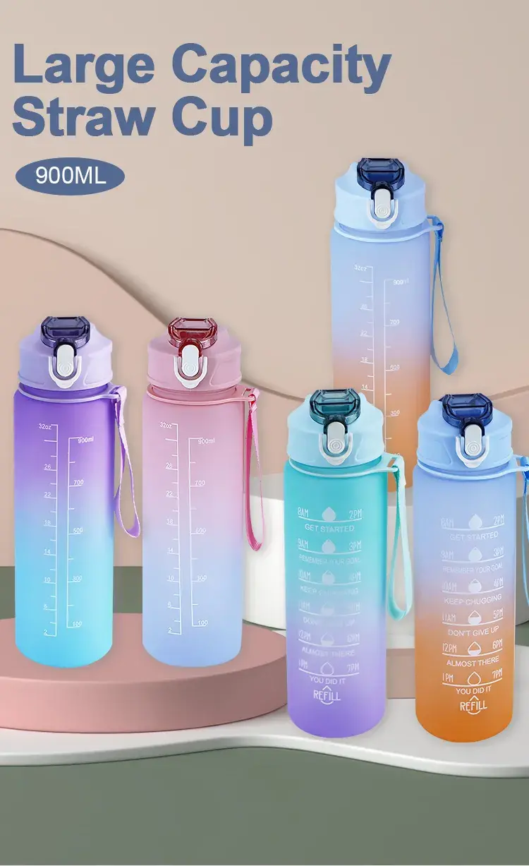 900ML Sports Water Bottle with Time Marker Leak-proof Cup Motivational Portable Water bottle for Outdoor Sport Fitness BPA Free