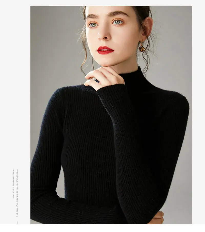 ZOKI Autumn Women Pullover Sweater Fashion Half Turtleneck Knitted Female Jumper Long Sleeve Winter Black Soft Elastic Blouse