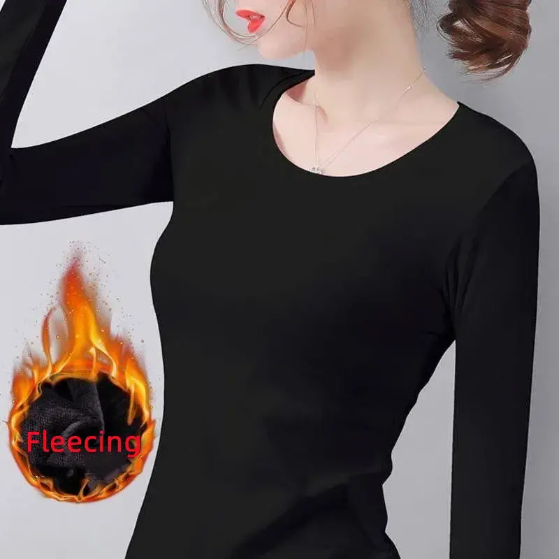 O Neck Long Sleeve Shirt Women Winter Bottoming Cropped Tops Black Casual  Slim Basic Velvet Heating Fiber Thermal T-Shirts 2023
