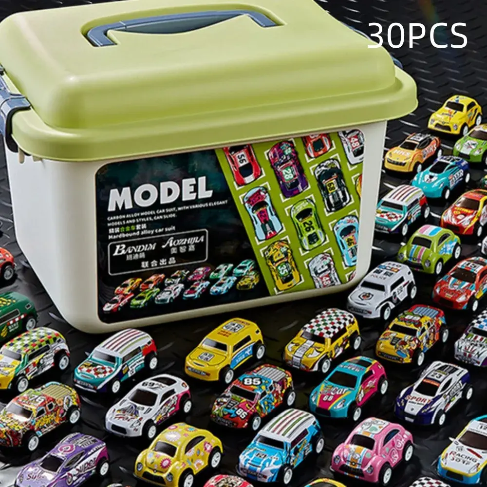 30Pcs Alloy Racing Cars Storage Box Iron Sheet Car Set Rebound Car Multiple Alloy Car Collections Children's Toys Birthday Gifts
