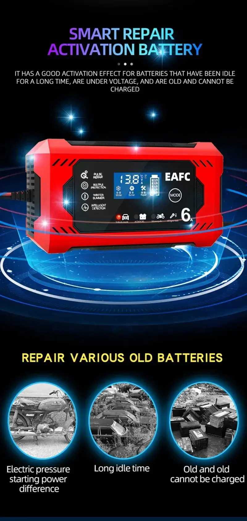 Car Battery Charger 6A 12V Car and Motorcycle Battery Charging Device Lead-acid Battery Smart Repair LCD Display