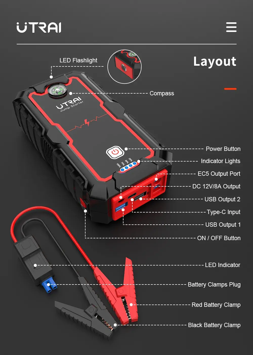 UTRAI 2000A Jump Starter Power Bank Portable Charger Starting Device For 8.0L/6.0L Emergency Car Battery Jump Starter