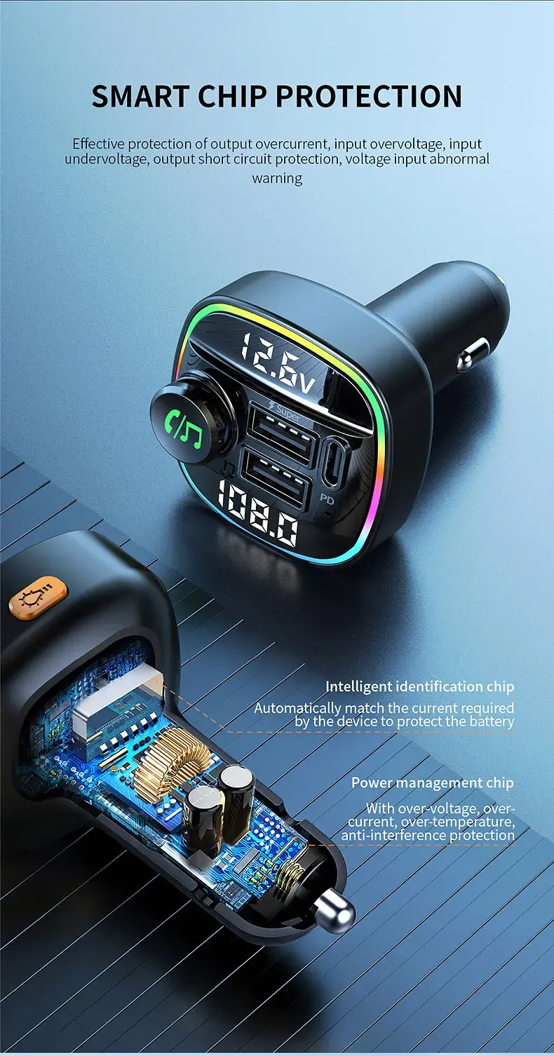 Bluetooth 5.0 FM Transmitter Handsfree Car Radio Modulator MP3 Player With 22.5W USB Super Quick Charge Adapter for Car
