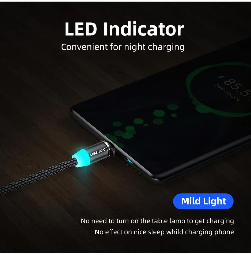 USLION LED Magnetic USB Cable Fast Charging USB Type C Phone Cable Magnet Charger Data Charge Micro USB For iPhone 14 For Xiaomi