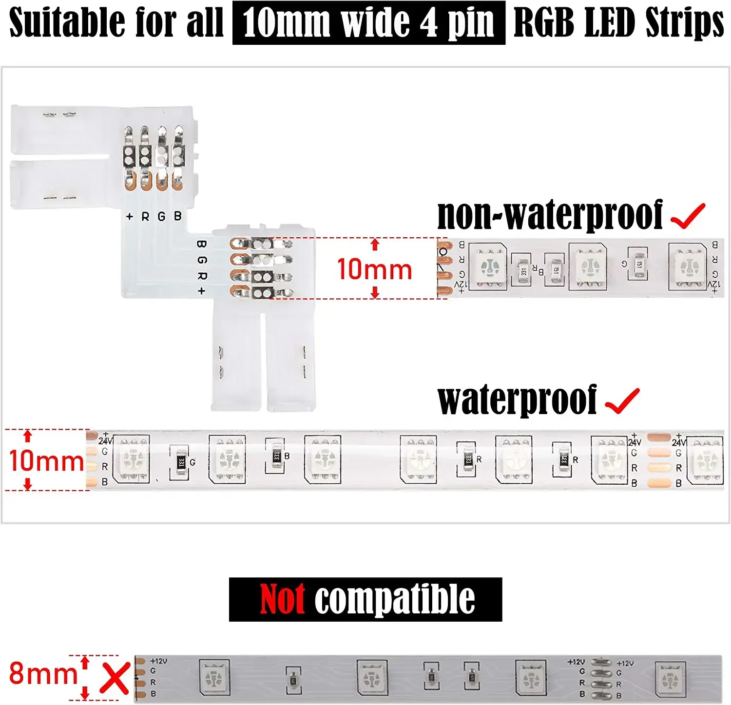 L Shape 4-Pin LED Connectors 10mm Wide Right Angle Corner Connectors Solderless Adapter Connector Terminal for 3528/5050 SMD RGB