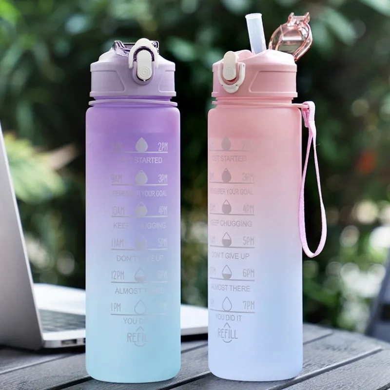 700ml Sports water Bottle High Temperature Resistant Graduated Straw Cup Rainbow Frosted Progressive Color Water Cup Plastic Cup
