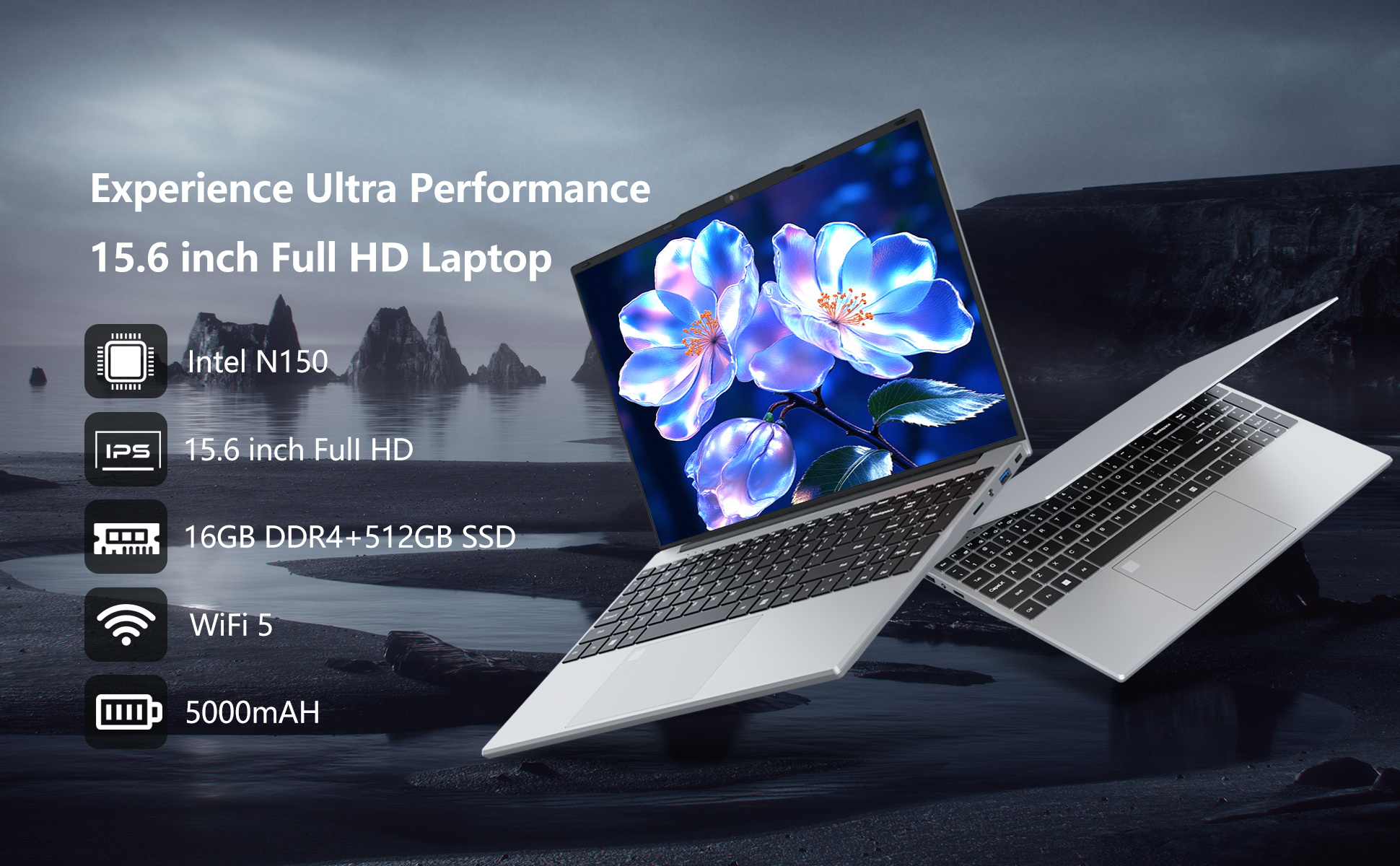 2025 Laptop 15.6 inch New Intel N150 Processor (up to 3.6Ghz) 16GB RAM 512GB SSD expandable up to 2TB DDR4,Type C,5000mAh,Office Laptop, Backlit Keyboard with Fingerprint Unlock